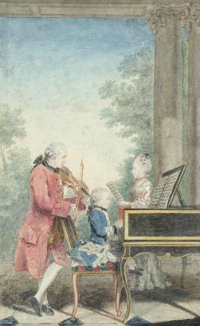 Leopold Mozart (1719-87) e i suoi figli Wolfgang Amadeus (1756-91) e Maria Anna (1751-1829) 1777 da Louis Carrogis dit Carmontelle